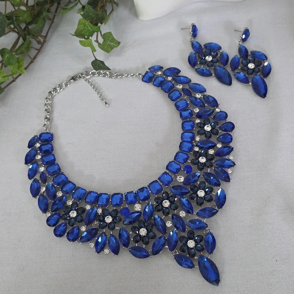 Statement Silver with Blue Crystal Stones Necklace and Matching Earrings Set